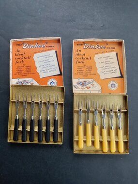 VTG Dinkee Cocktail 12 Forks 2 Sets Made in Canada MCM Barware Bakelite Handles